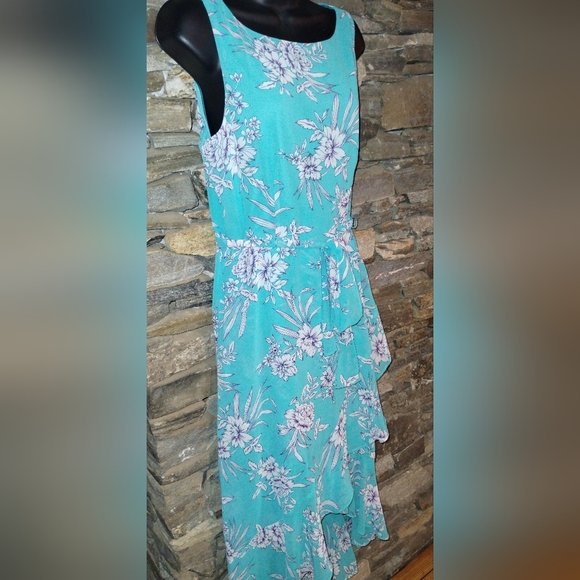 Sandra Darren turquoise dress ruffled faux wrap, floral, belted, size 10 - Picture 5 of 8